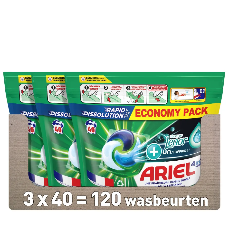 Ariel Pods+ Vloeibaar Wasmiddelcapsules + Touch Van Lenor Unst Color - 3 X 40 Wasbeurten - 120 Wasbeurten Online