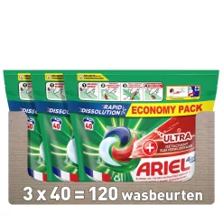 Ariel Pods+ Vloeibaar Wasmiddelcapsules + Ultra Vlekverwijderaar - 3 X 40 Wasbeurten - 120 Wasbeurten Hot
