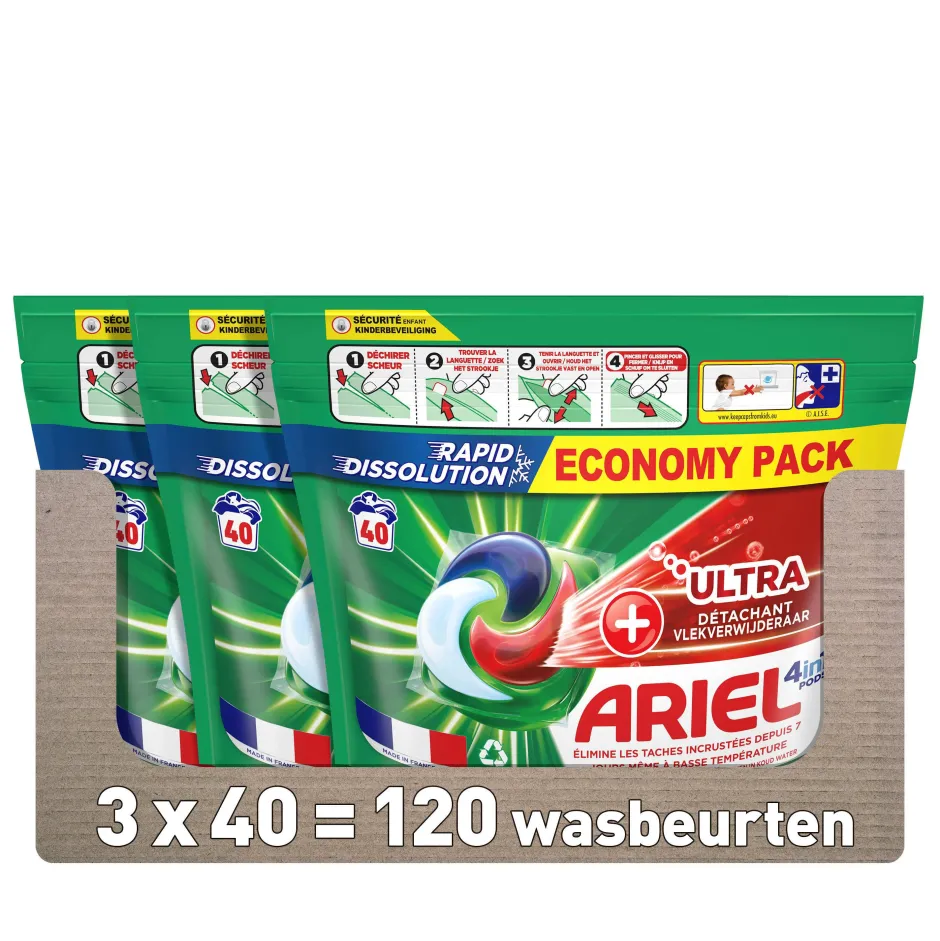 Ariel Pods+ Vloeibaar Wasmiddelcapsules + Ultra Vlekverwijderaar - 3 X 40 Wasbeurten - 120 Wasbeurten Hot