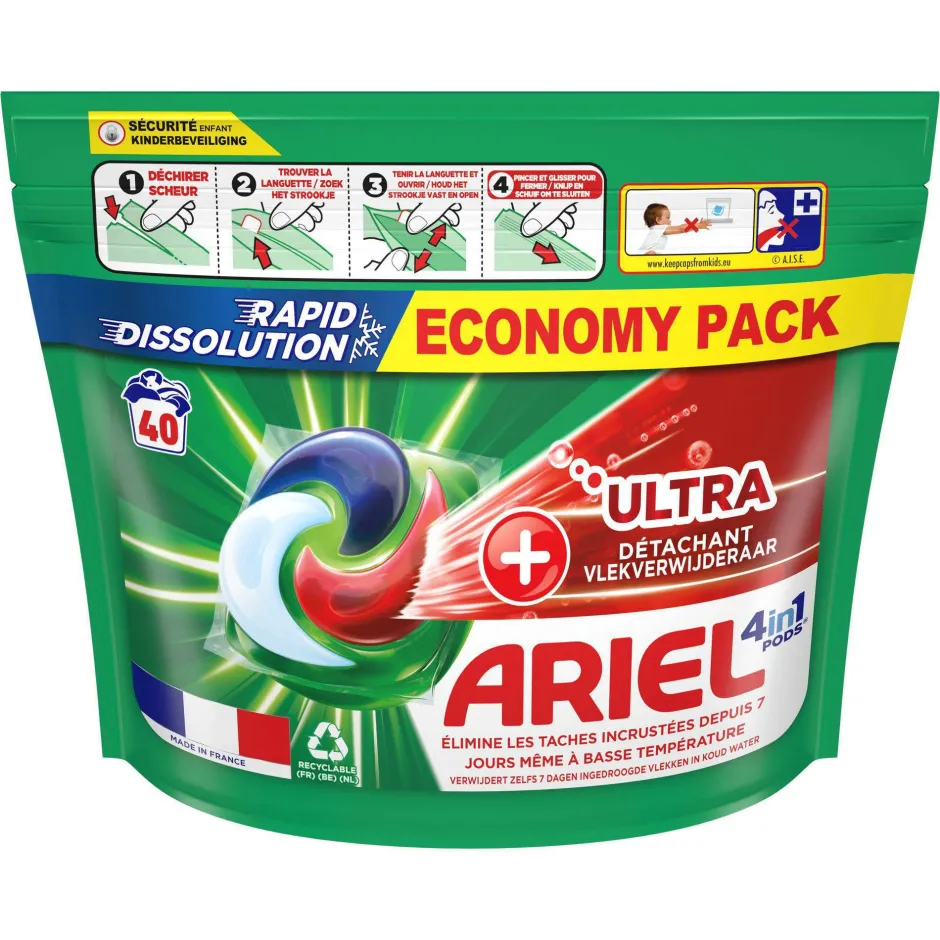 Ariel Pods+ Vloeibaar Wasmiddelcapsules + Ultra Vlekverwijderaar - 3 X 40 Wasbeurten - 120 Wasbeurten Hot