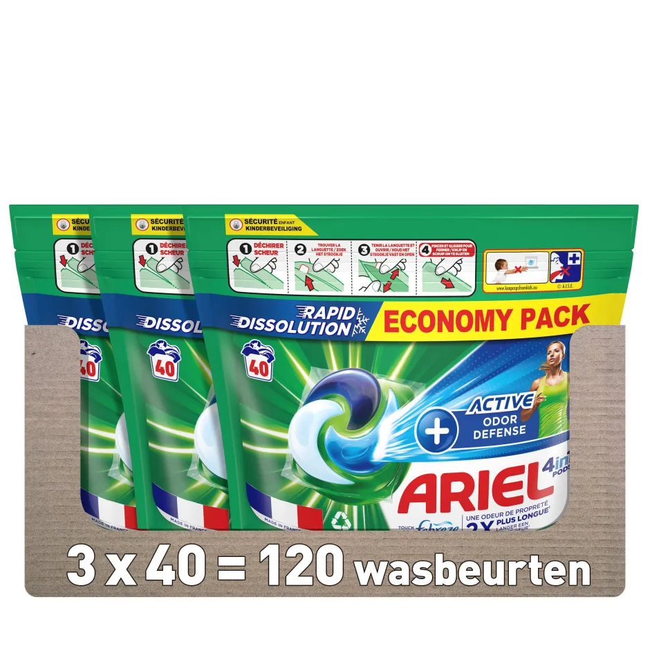 Ariel Pods+ Vloeibaar Wasmiddelcapsules + Actieve Geurbestrijding- 3 X 40 Wasbeurten - 120 Wasbeurten Hot