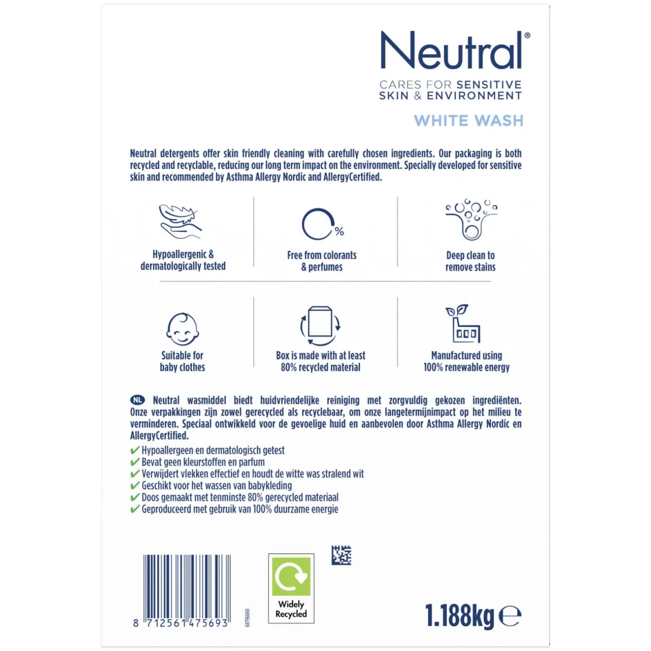 Neutral Parfumvrij Wit Waspoeder - 4 X 18 Wasbeurten - Voordeelverpakking - 72 Wasbeurten Best