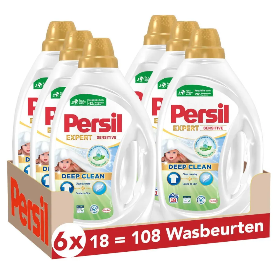 Persil Sensitive Gel - Vloeibaar Wasmiddel - Baby En Gevoelige Huid - Voordeelverpakking - 6 X 18 Wasbeurten - 108 Wasbeurten Hot